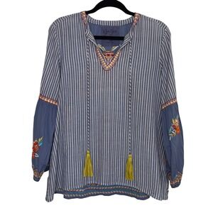 Kyla Seo Tunic‎ Top Womens Small Blue Striped Floral Embroidered Tassel Boho